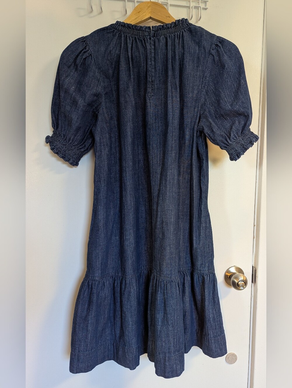 Denim Puff-Sleeve Midi Dress in Dark Blue